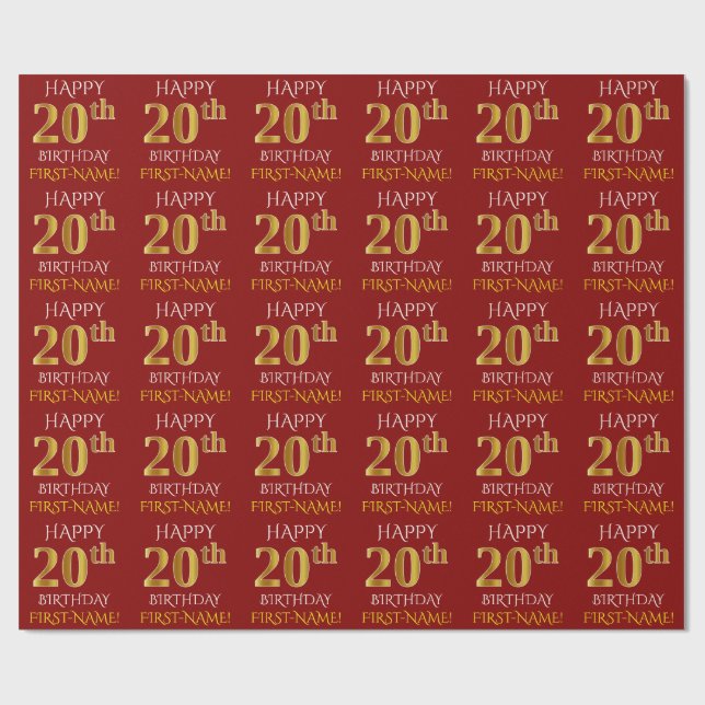 Papier Cadeau Rouge, Faux Or "HEUREUX 20e anniversaire" (Plat)