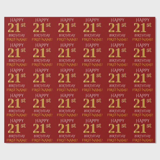 Papier Cadeau Rouge, Faux Or "HEUREUX 21ème anniversaire" (Plat)