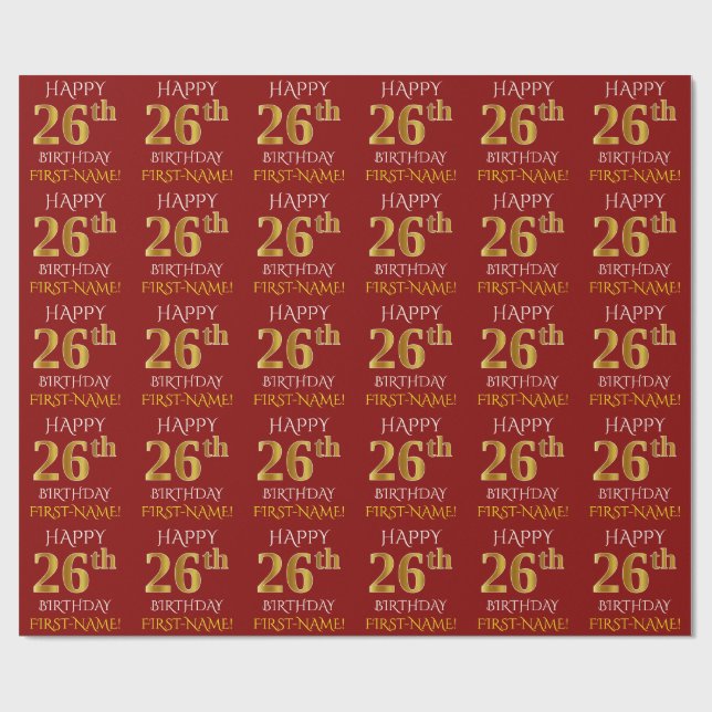 Papier Cadeau Rouge, Faux Or "HEUREUX 26ème anniversaire" (Plat)