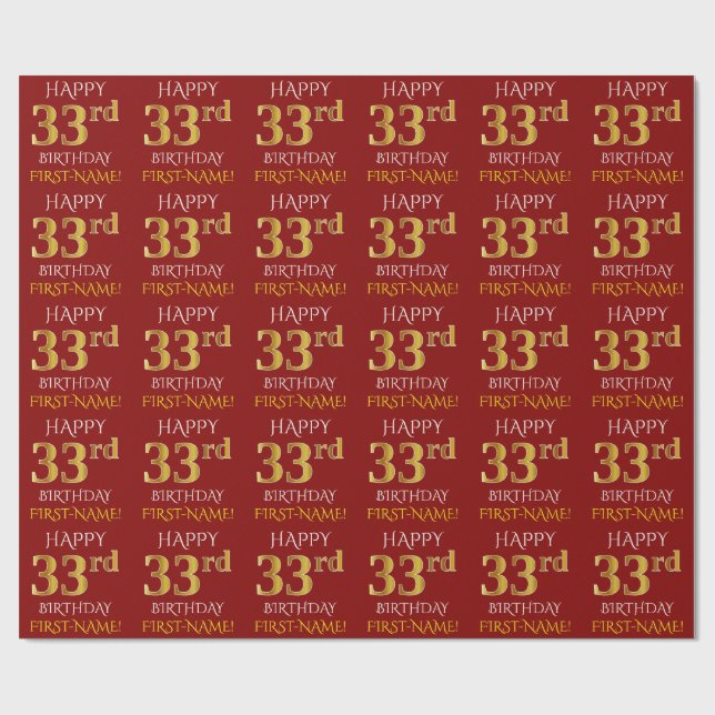 Papier Cadeau Rouge, Faux Or "HEUREUX 33ème anniversaire" (Plat)