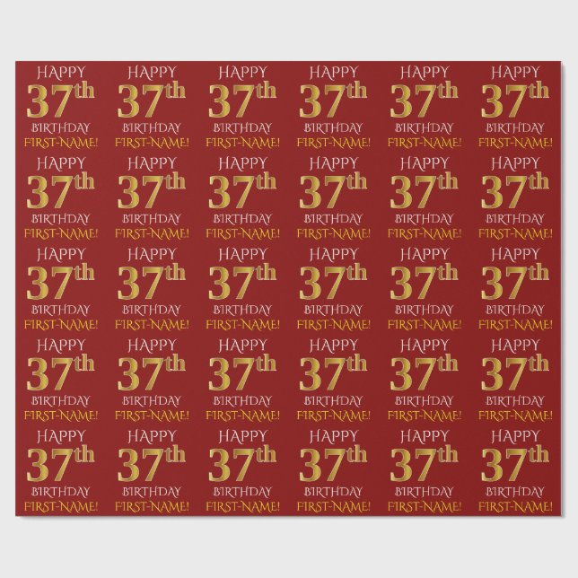 Papier Cadeau Rouge, Faux Or "HEUREUX 37ème anniversaire" (Plat)