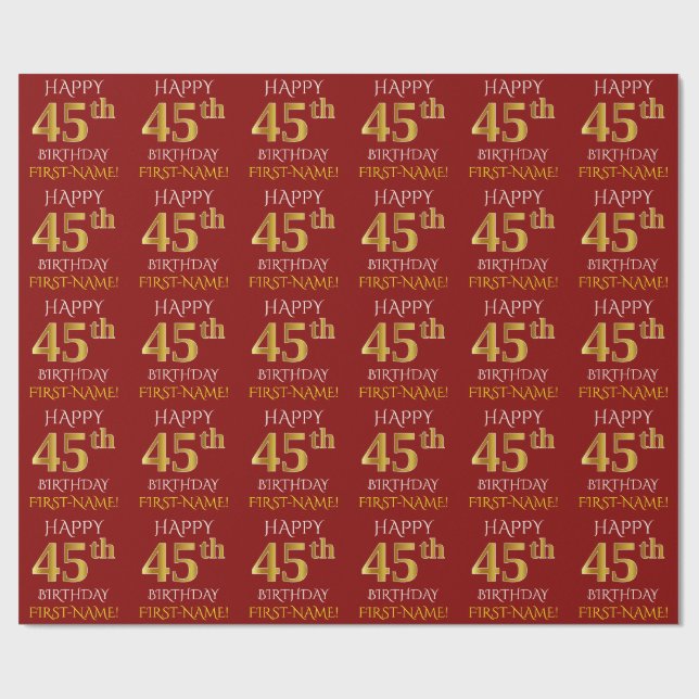 Papier Cadeau Rouge, Faux Or "HEUREUX 45ème anniversaire" (Plat)