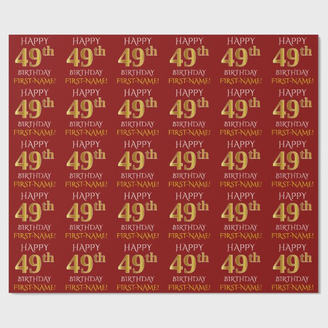Papier Cadeau Rouge, Faux Or "HEUREUX 49ème anniversaire" (Plat)