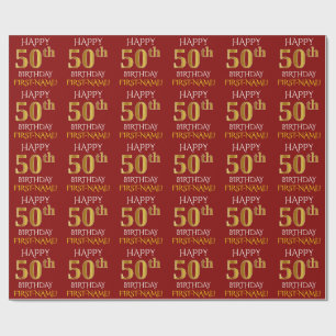 Papier Cadeau Rouge, Faux Or "HEUREUX 50e anniversaire"