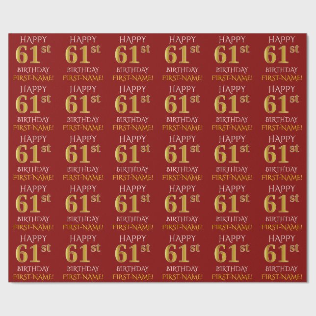 Papier Cadeau Rouge, Faux Or "HEUREUX 61ème anniversaire" (Plat)