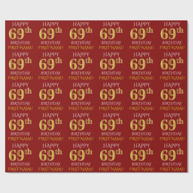 Papier Cadeau Rouge, Faux Or "HEUREUX 69ème anniversaire" (Plat)