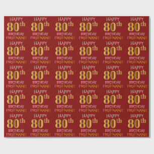 Papier Cadeau Rouge, Faux Or "HEUREUX 80e anniversaire"
