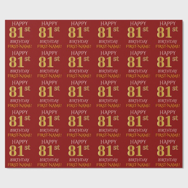 Papier Cadeau Rouge, Faux Or "HEUREUX 81ème anniversaire" (Plat)