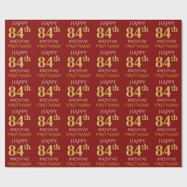 Papier Cadeau Rouge, Faux Or "HEUREUX 84ème anniversaire" (Plat)