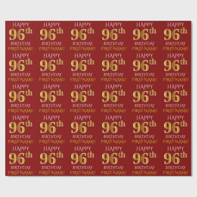 Papier Cadeau Rouge, Faux Or "HEUREUX 96ème anniversaire" (Plat)