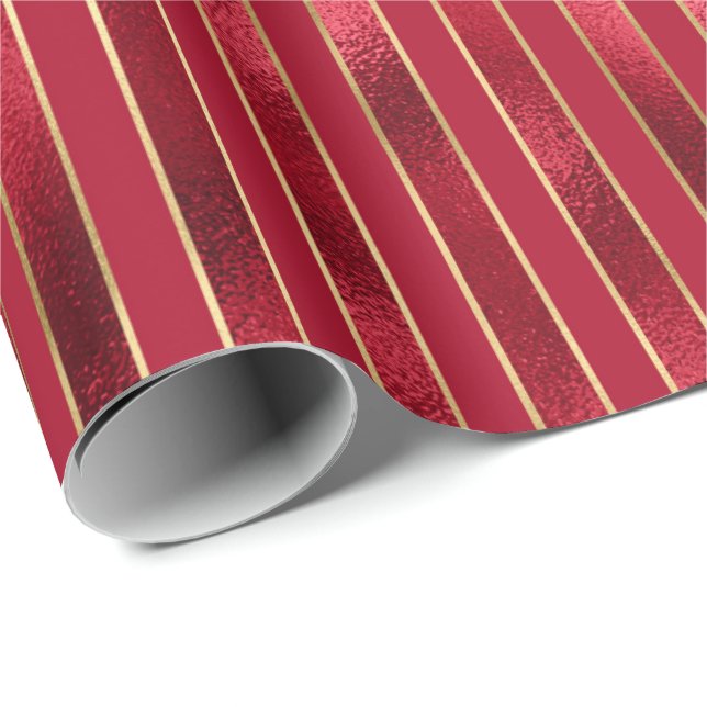 Papier Cadeau Rouge Glam Gold Stripes (Coin rond)