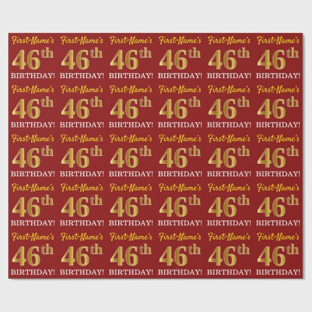 Papier Cadeau Rouge, imitation de l'or, "46e ANNIVERSAIRE" (Plat)