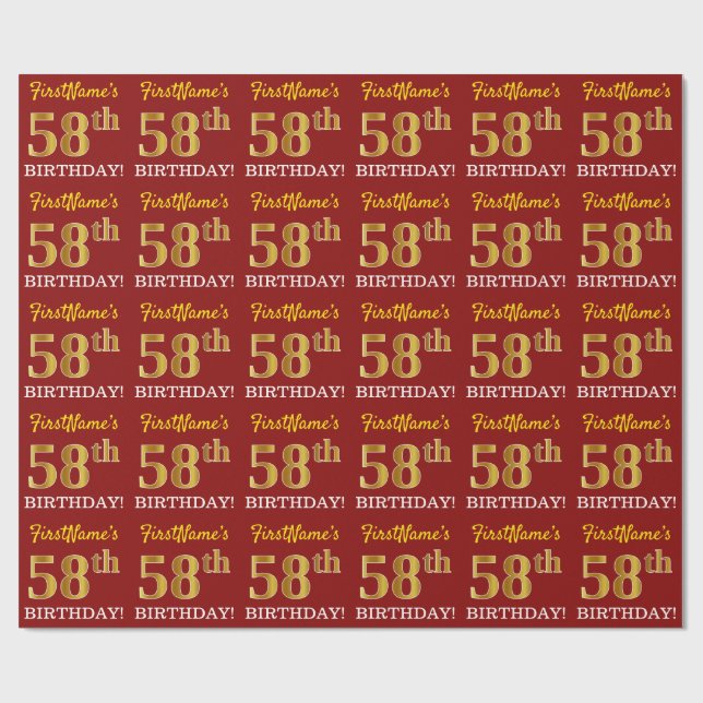 Papier Cadeau Rouge, imitation de l'or, "58e ANNIVERSAIRE" (Plat)