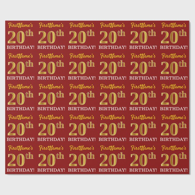 Papier Cadeau Rouge, Imitation Gold Look "20e anniversaire" (Plat)