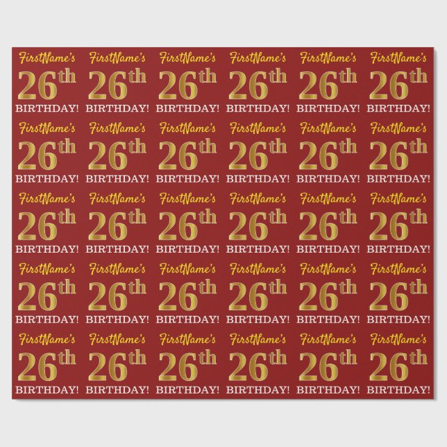 Papier Cadeau Rouge, Imitation Gold Look "26e anniversaire" (Plat)