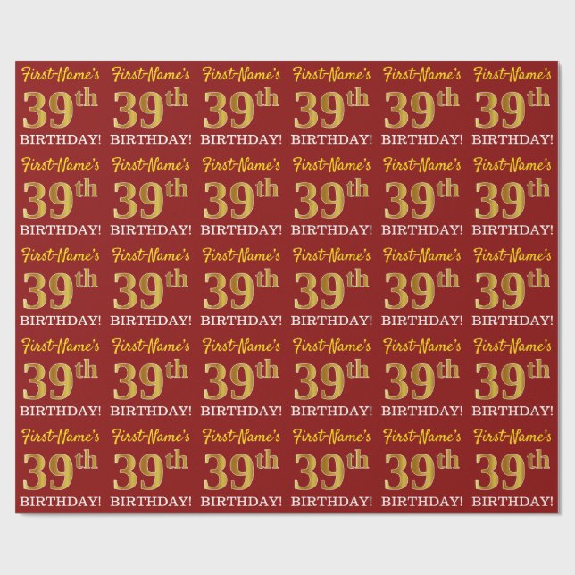 Papier Cadeau Rouge, Imitation Gold Look "39ème anniversaire" (Plat)
