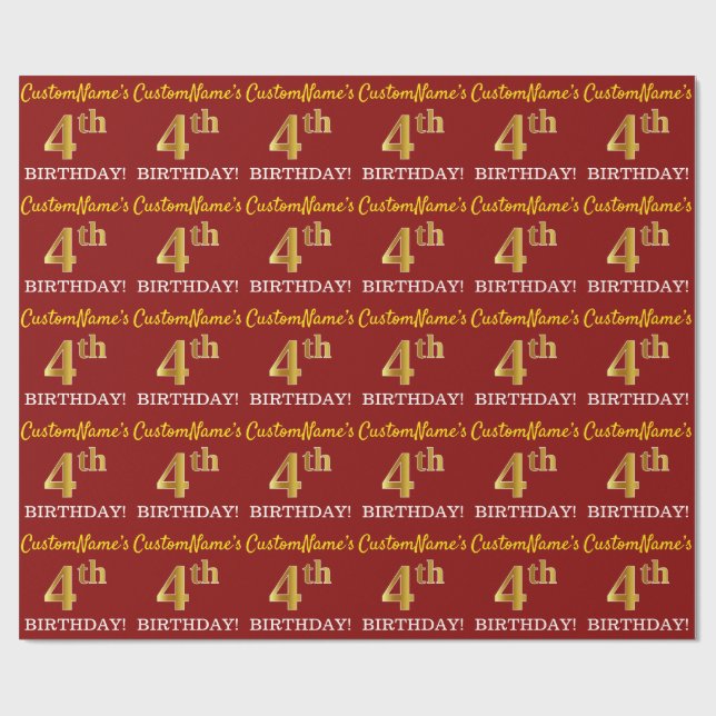 Papier Cadeau Rouge, Imitation Gold Look "4th BIRTHDAY" (Plat)