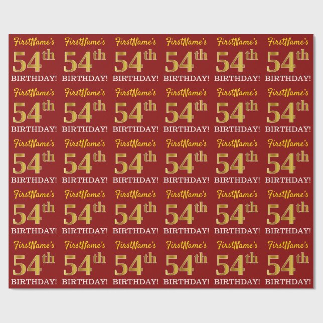 Papier Cadeau Rouge, Imitation Gold Look "54e anniversaire" (Plat)