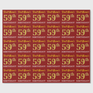 Papier Cadeau Rouge, Imitation Gold Look "59ème anniversaire"