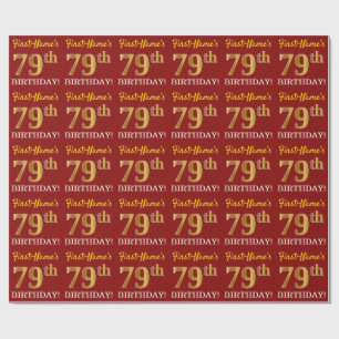 Papier Cadeau Rouge, Imitation Gold Look "79ème anniversaire"