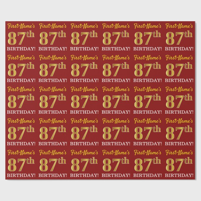 Papier Cadeau Rouge, Imitation Gold Look "87th BIRTHDAY" (Plat)
