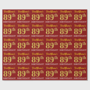Papier Cadeau Rouge, Imitation Gold Look "89ème anniversaire"