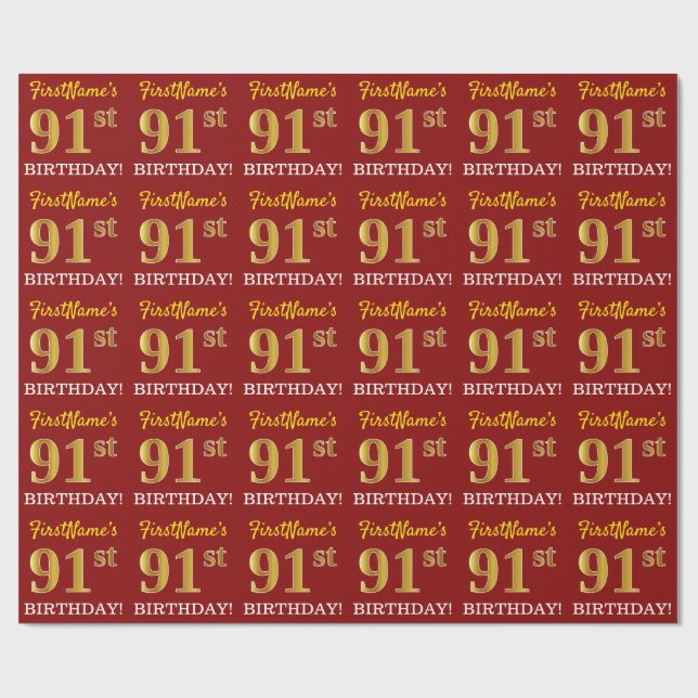 Papier Cadeau Rouge, Imitation Gold Look "91ème anniversaire" (Plat)