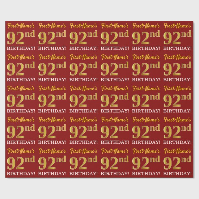 Papier Cadeau Rouge, Imitation Gold Look "92e anniversaire" (Plat)