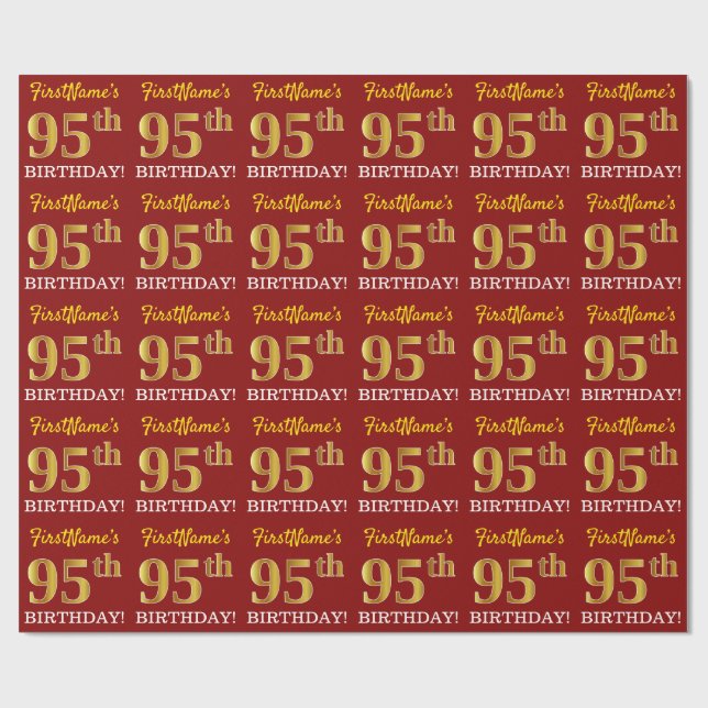 Papier Cadeau Rouge, Imitation Gold Look "95ème anniversaire" (Plat)