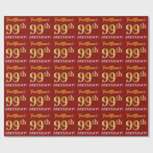Papier Cadeau Rouge, Imitation Gold Look "99ème anniversaire"