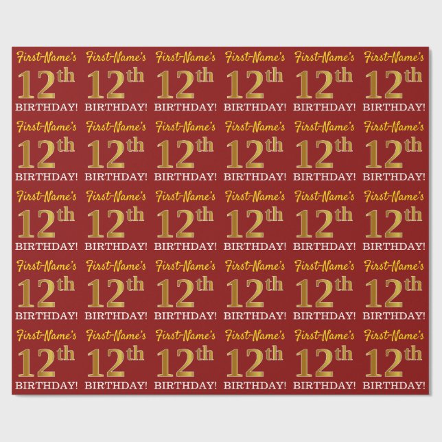 Papier Cadeau Rouge, Imitation or Look "12ème anniversaire" (Plat)