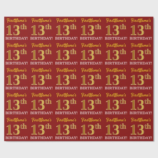 Papier Cadeau Rouge, Imitation or Look "13ème anniversaire" (Plat)