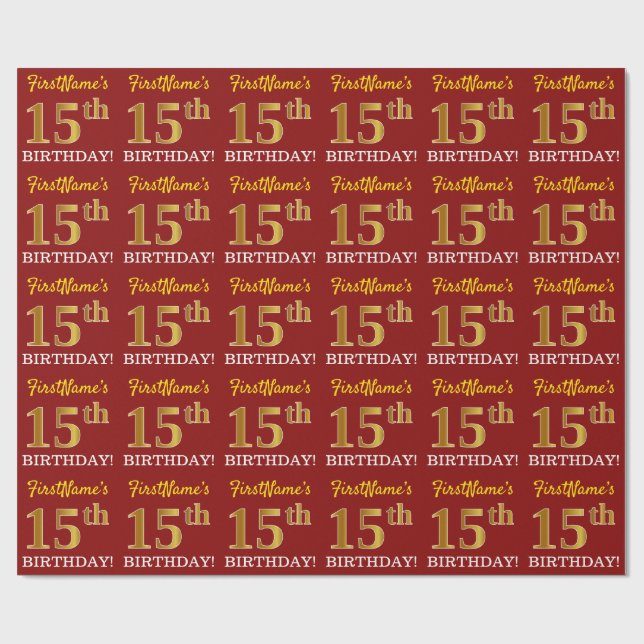 Papier Cadeau Rouge, Imitation or Look "15ème anniversaire" (Plat)
