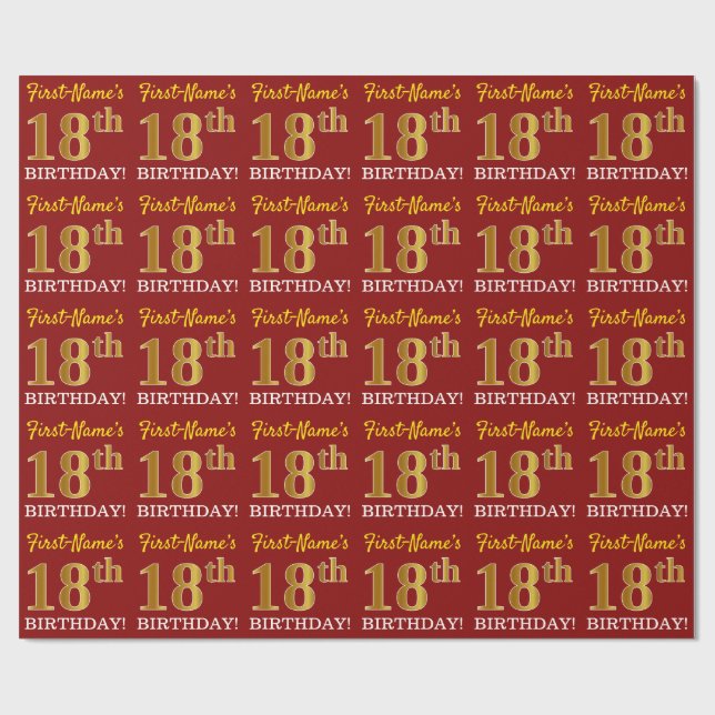 Papier Cadeau Rouge, Imitation or Look "18ème anniversaire" (Plat)