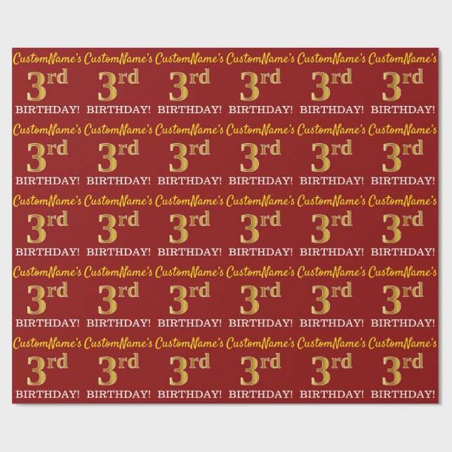 Papier Cadeau Rouge, Imitation or Look "3ème anniversaire" (Plat)