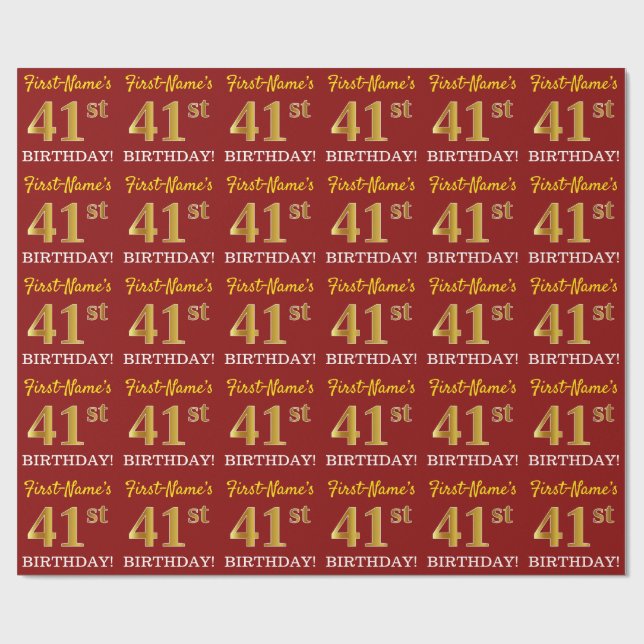 Papier Cadeau Rouge, Imitation or Look "41ème anniversaire" (Plat)