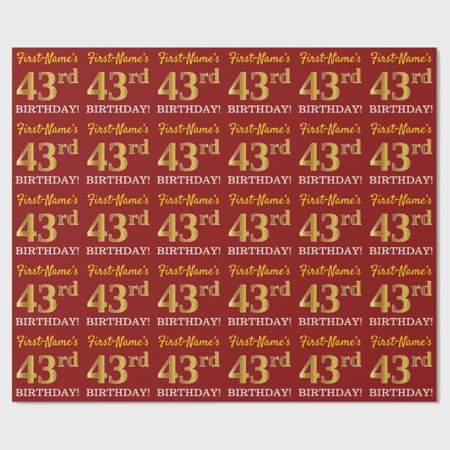 Papier Cadeau Rouge, Imitation or Look "43ème anniversaire" (Plat)