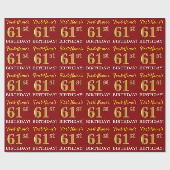 Papier Cadeau Rouge, Imitation or Look "61ème anniversaire" (Plat)