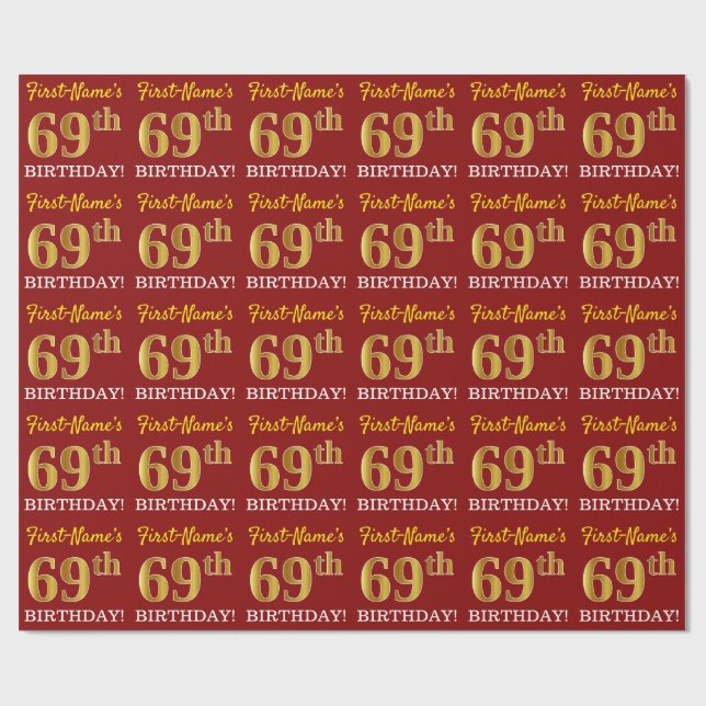 Papier Cadeau Rouge, Imitation or Look "69e anniversaire" (Plat)
