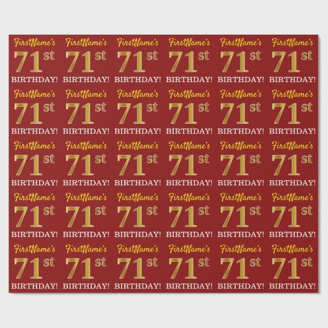 Papier Cadeau Rouge, Imitation or Look "71ème anniversaire" (Plat)