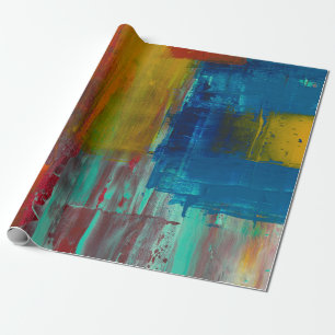 PAPIER CADEAU ROUGE JAUNE BLEU ET BLANC PEINTURE ABSTRAITE