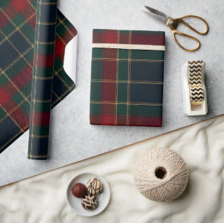 Papier Cadeau Rouge Luxe Vert & Tartan Marine | Plaid