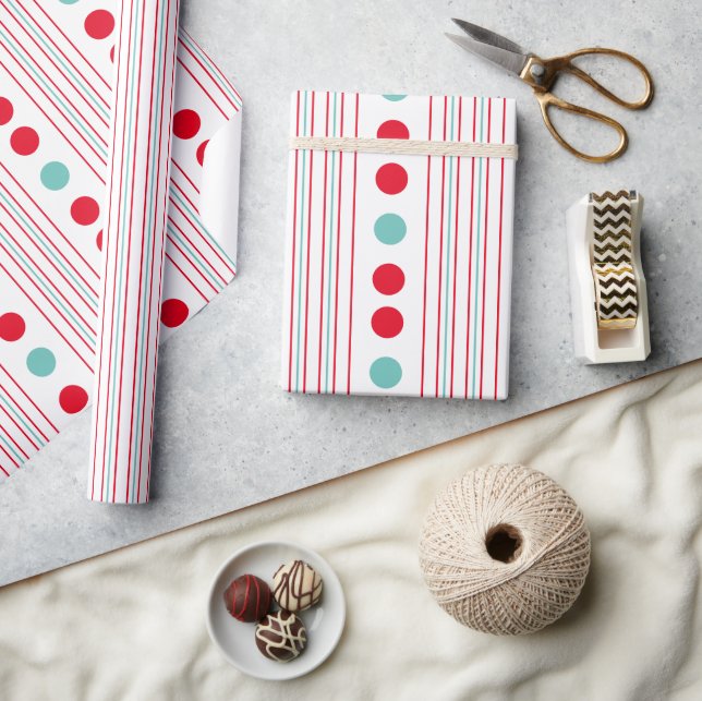 Papier Cadeau Rouge moderne et Turquoise Pois et rayures (Artisanat)