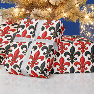Papier Cadeau Rouge noir baroque Fleur de lis Motif Design