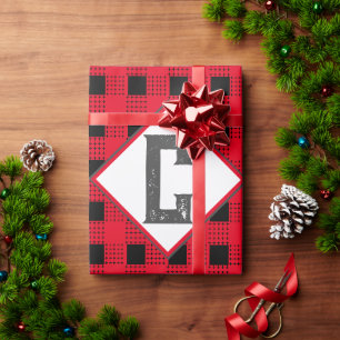 Papier Cadeau rouge & noir carreaux de bison Monogramme initiale