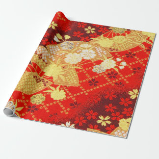 Papier Cadeau Rouge or blanc japonais Kimono Floral Découpage