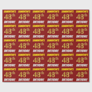 Papier Cadeau Rouge, Or Faux/Imitation, "48e ANNIVERSAIRE"