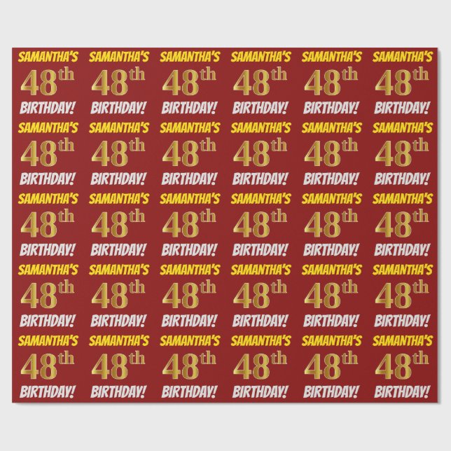 Papier Cadeau Rouge, Or Faux/Imitation, "48e ANNIVERSAIRE" (Plat)