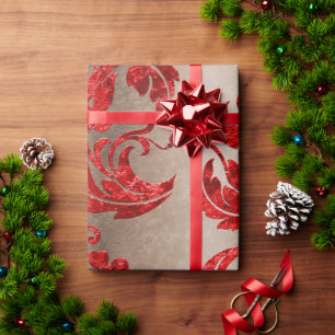 Papier Cadeau Rouge Or Faux Velvet Damask Élégant