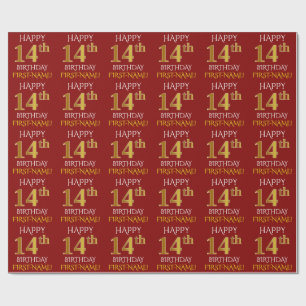 Papier Cadeau Rouge, or "JOYEUX 14ème ANNIVERSAIRE " de Faux